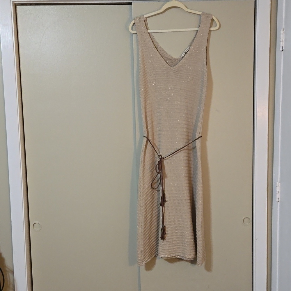 Soft Surroundings Beige and Gold Metallic Belted Knit Dress Size Large